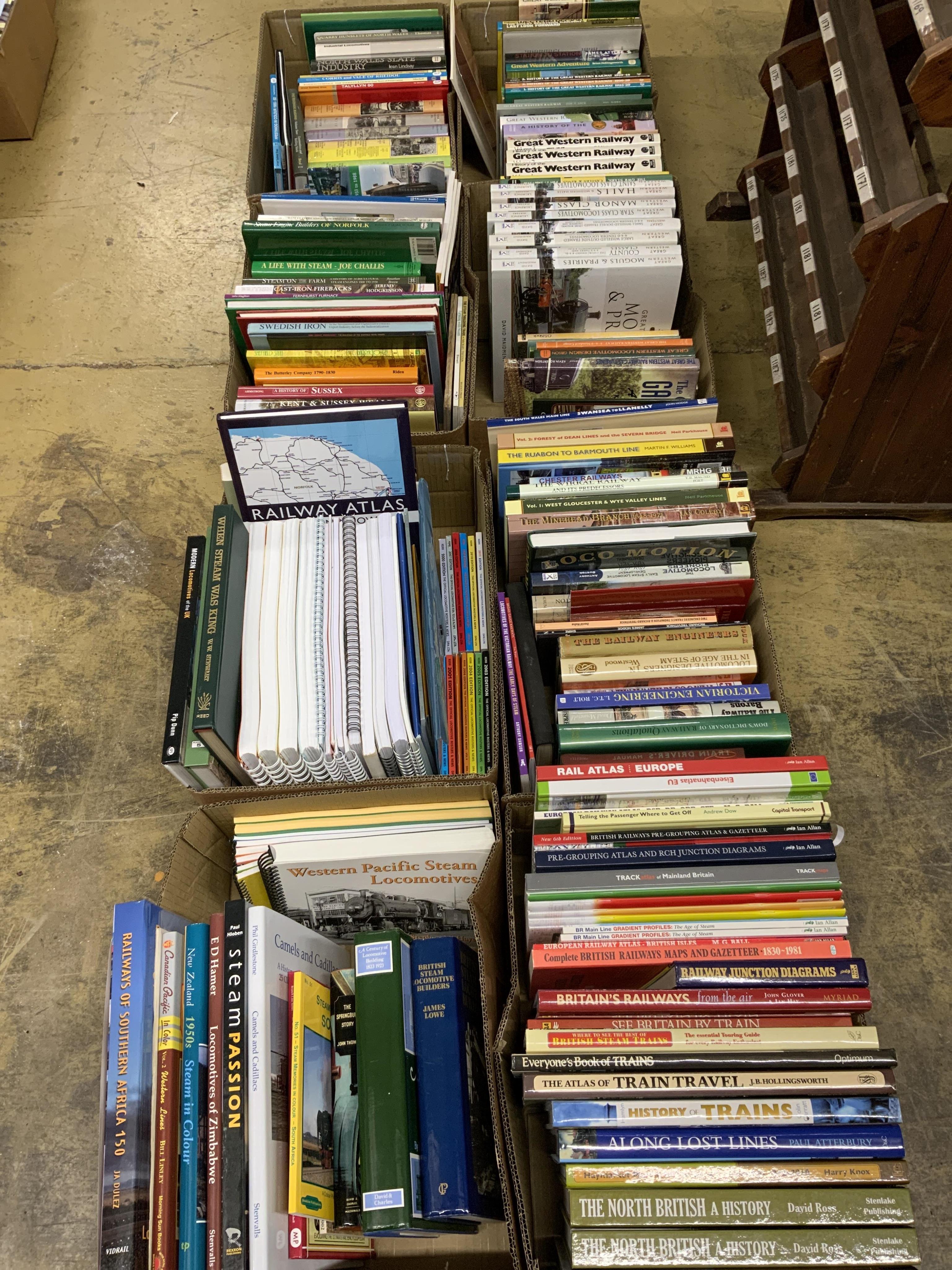 Eight boxes of railway related books, subjects include; the Great Western Railway, industrial locomotives, North British Railway, the Ffestiniog Railway, etc. publishers include; Oakwood Press, Pen & Sword, Ian Allan, Da